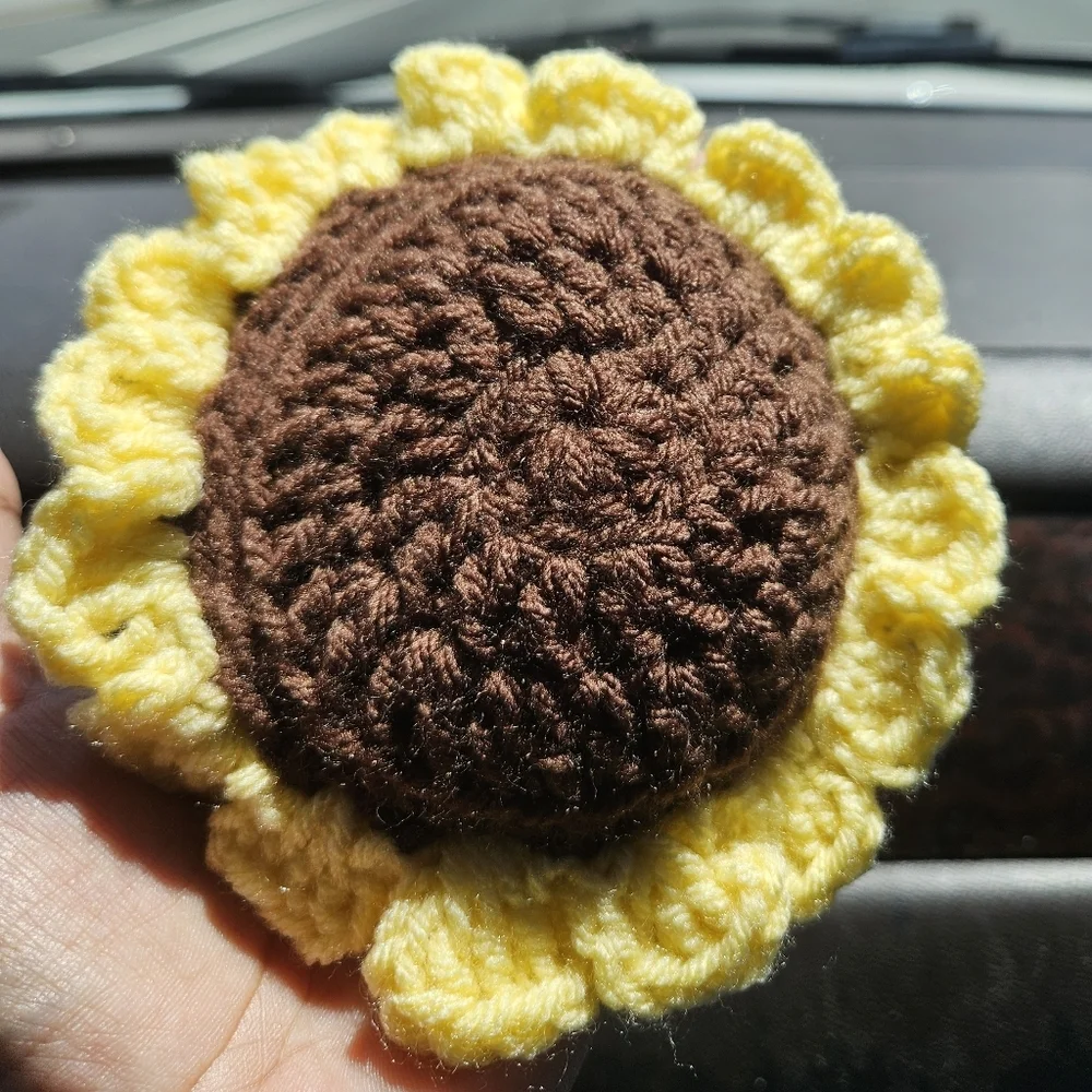 Hand Crafted Yellow Brown Boho Crochet Sunflower Brooch Floral Pin Bag Charm 6